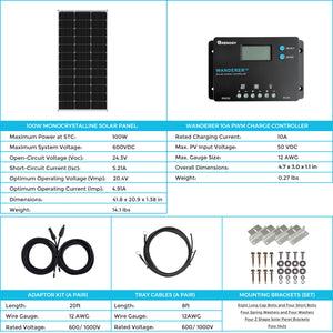 Renogy-100W 12V Monocrystalline Solar Starter Kit w/Wanderer 10A Charge Controller