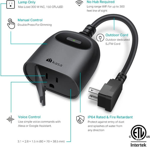 Kasa Outdoor Smart-Plug, Smart Home Wi-Fi Outlet w 2 Sockets, IP64 Weather Resistance, Compatible w Alexa, Google Home & IFTTT, No Hub Required, ETL Certified(EP40), Black