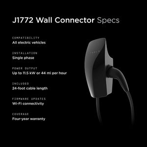 Tesla- J1772 Wall Connector - Electric Vehicle (EV) Charger for All EVs-Level 2-up to 48A with 24' Cable-Designed for Any J1772 EV Model