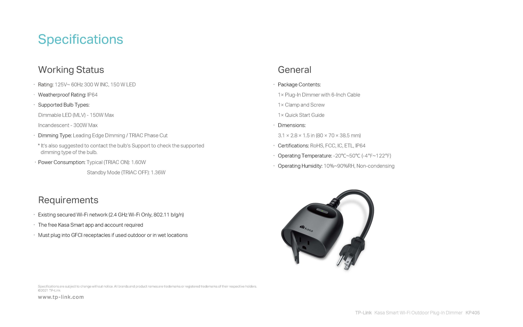 Kasa Smart-Outdoor Smart Dimmer Plug, IP64 Plug- in Dimmer for