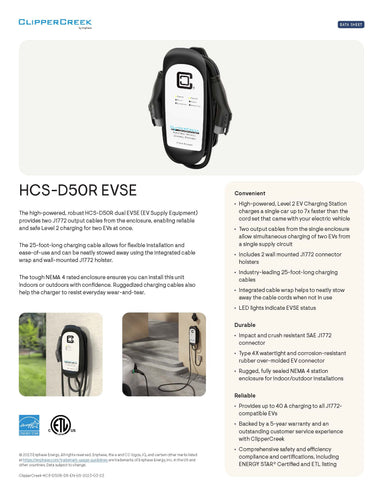 ClipperCreek-HCS-D50 Dual EV Charger  40 A, 9.6 kW, hardwired, dual charging, residential-grade connector
