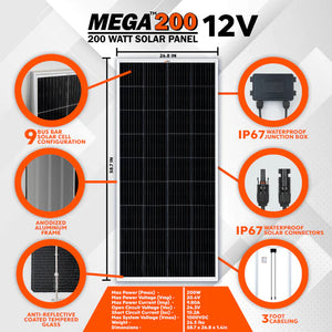 RichSolar-MEGA 200 Watt Monocrystalline Solar Panel, Best 12V Panel for RVs & Off-Grid