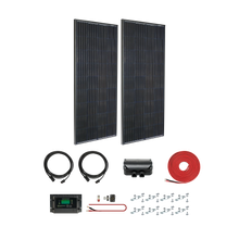 Cargar imagen en el visor de la galería, The Zamp Solar Legacy Black 380 Watt Solar Panel Deluxe Kit is the most popular complete system to keep your batteries charged up when off-grid. Increase the charging potential on your overland rig or RV. This complete kit is designed to be expanded up to two additional 190 Watt panels.
