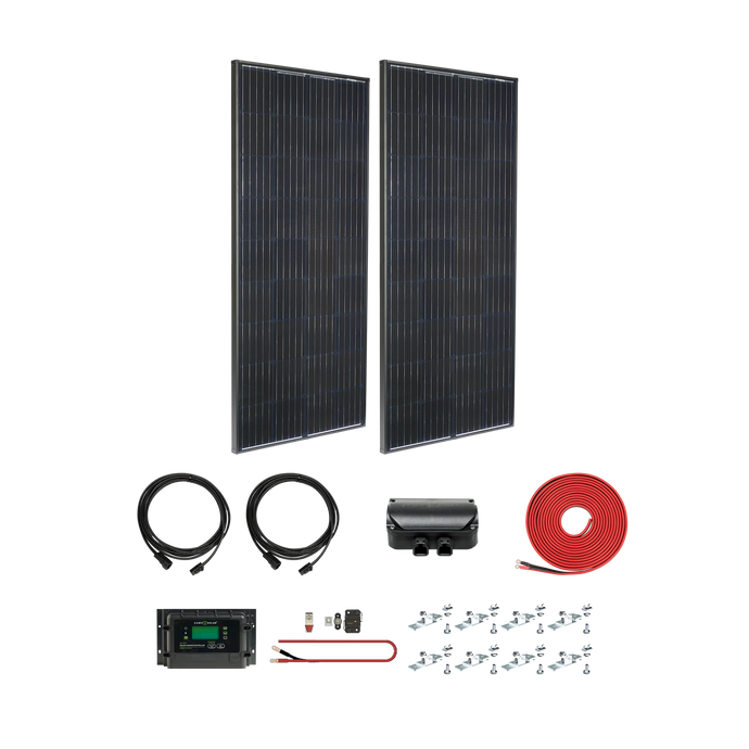 The Zamp Solar Legacy Black 380 Watt Solar Panel Deluxe Kit is the most popular complete system to keep your batteries charged up when off-grid. Increase the charging potential on your overland rig or RV. This complete kit is designed to be expanded up to two additional 190 Watt panels.