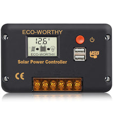 Load image into Gallery viewer, ECO-WORTHY 30A PWM LCD Display Solar Charge Controller can automatically manage the working of solar panel and battery in the solar system. Easy to set up and operate. Suitable for charging the DC lamp and phone, etc. It’s convenient to open and close the load by the switch
