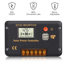Cargar imagen en el visor de la galería, Eco-Worthy-30A PWM LCD Display Solar Charge Controller Regulator with USB Port 12V/24V Autoswitch

