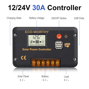 Eco-Worthy Solar-30A PWM LCD Display Solar Charge Controller Regulator with USB Port 12V/24V Autoswitch