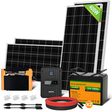 Load image into Gallery viewer, ECO-WORTHY 400W 12V expandable Solar Kit is an ideal choice. ECO-WORTHY 100 Watt 12V Mono solar panel is backed by 25-year linear power guarantee. ECO-WORTHY LiFePO4 Lithium Iron Phosphate Battery has twice the power, half the weight and lasts 8 times longer than a sealed lead acid battery. 40A MPPT Charge Controller is the most efficient type of charge controller. With up to 99% tracking efficiency, ensures maximum power point solar charging that gets more energy to your battery bank.
