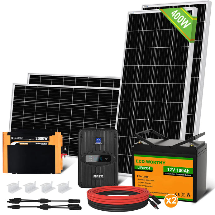 ECO-WORTHY 400W 12V expandable Solar Kit is an ideal choice. ECO-WORTHY 100 Watt 12V Mono solar panel is backed by 25-year linear power guarantee. ECO-WORTHY LiFePO4 Lithium Iron Phosphate Battery has twice the power, half the weight and lasts 8 times longer than a sealed lead acid battery. 40A MPPT Charge Controller is the most efficient type of charge controller. With up to 99% tracking efficiency, ensures maximum power point solar charging that gets more energy to your battery bank.