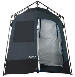 ENSUITE Double Automatic two-room shower tent, Joolca’s sturdy Ensuite Double shower tent is a bit like a ship in a bottle; it looks impossible, but it pops up in seconds!  What emerges is a two-room en suite, complete with shower space, separate dry changing room, windows, drainage, ventilation, valuables compartment, toiletries organiser, removable laundry hamper, and interior as well as exterior towel lines.