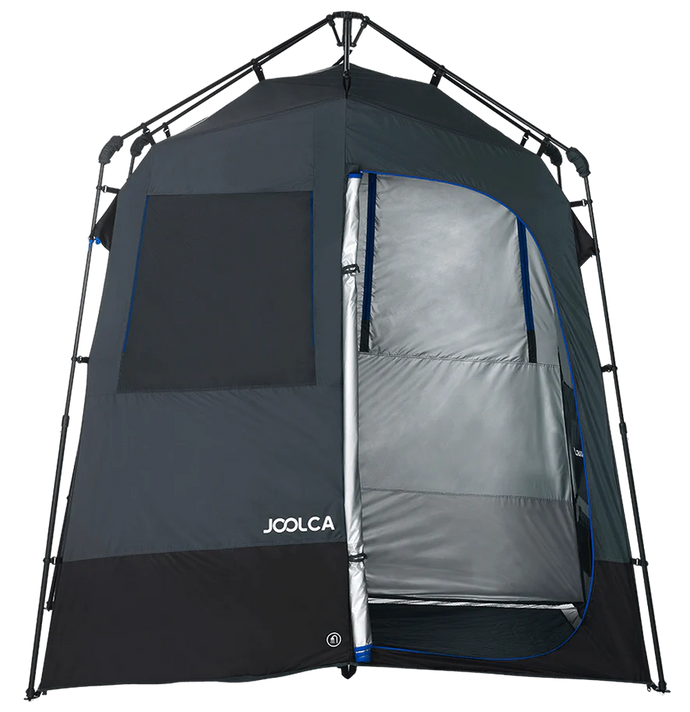 ENSUITE Double Automatic two-room shower tent, Joolca’s sturdy Ensuite Double shower tent is a bit like a ship in a bottle; it looks impossible, but it pops up in seconds!  What emerges is a two-room en suite, complete with shower space, separate dry changing room, windows, drainage, ventilation, valuables compartment, toiletries organiser, removable laundry hamper, and interior as well as exterior towel lines.