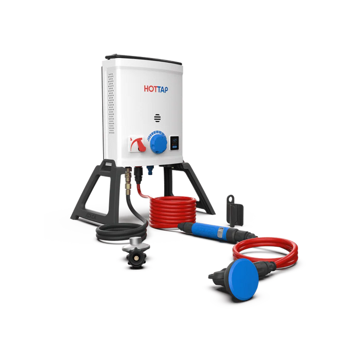 HOTTAP V2 Essentials Portable Hot Water Kit, Wherever you can take a propane bottle, you can take the HOTTAP. It’s the world’s smallest water heater in its class. And enjoying a HOTTAP shower is as easy as flipping a switch.