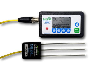 This kit contains the Acclima Sensor Reader which will read any Acclima SDI-12 soil water content sensor, display the readings, and (if it’s a ‘Waveform Capture’ sensor) it will record and display the waveform. The kit comes with a rugged carrying case, a 32 GB thumb drive, a digital True TDR-315H soil water content sensor with Waveform Capture and terminated with an M12 connector, and an international power adapter kit for charging the unit. 