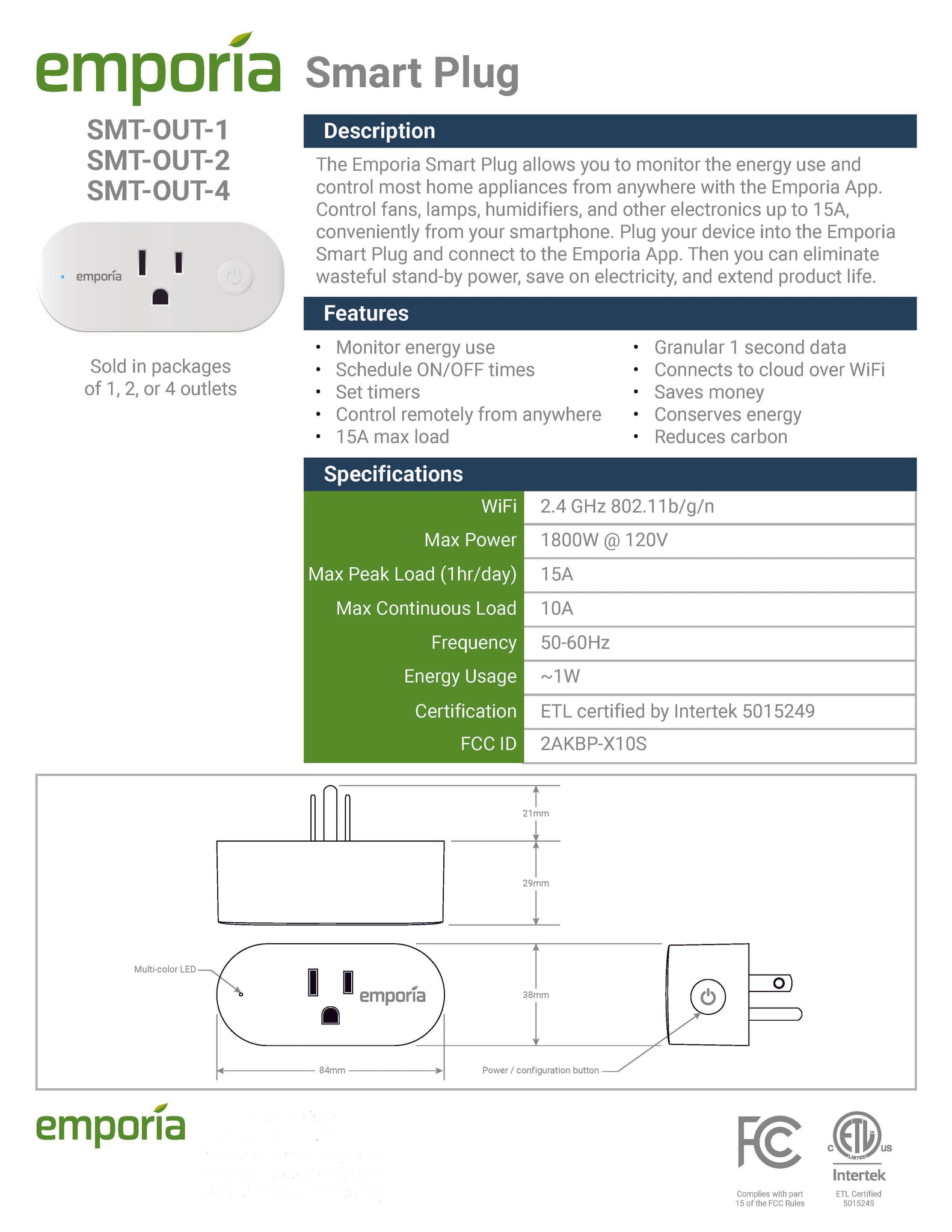 Emporia Smart Plug with Energy Monitoring | 15A Max / 10A Continuous | WiFi  Smart Outlet | Emporia App | Alexa | Google | ETL Certified (Package of 4)