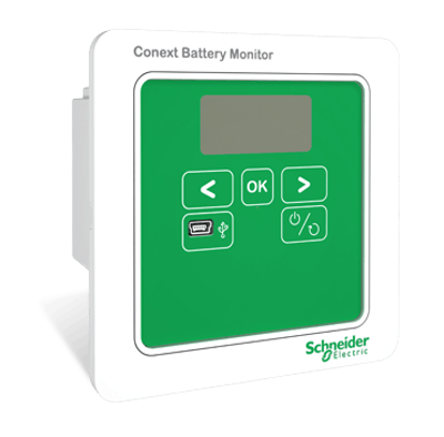 Schneider Electric Conext Battery Monitor for 24 and 48 Volts  ConextTM Battery Monitor indicates hours of battery based runtime and determines battery bank state of charge. Conext Battery Monitor shares key battery bank parameters with Conext XW+ inverter/chargers improving overall system performance of 24V and 48V battery banks