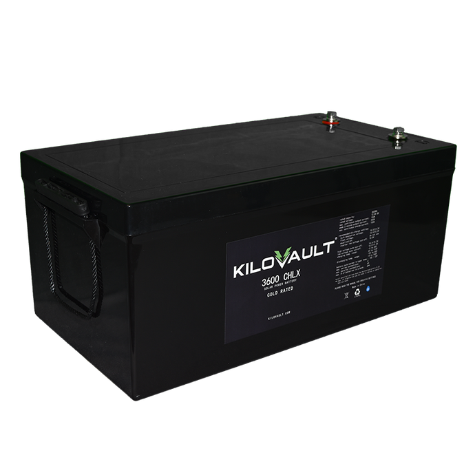 KiloVault 1800 CHLX 1800wH / 150ah Deep Cycle LiFePO4 Lithium Battery - Cold Rated, the CHLX Series lithium kilovault battery includes all the advantages of the HLX Series with the added benefit of cold weather operation. Internal heating technology allows the battery to continue charging, even when the ambient temperature is well below zero. These 1800wh / 150 amp hour LiFePO4 batteries are cold-rated, smarter, safer, and make for longer-lasting energy storage.