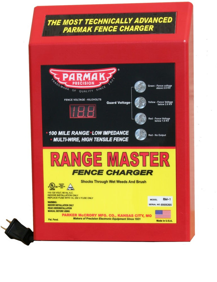Range Master Model RM-1 110-120 volt – AC Operated – 100 Miles  The most technically advanced Parmak fence charger. Full 3 year warranty covers damage caused by lightning.
