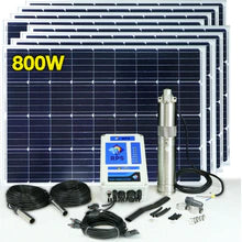 Load image into Gallery viewer, For deeper wells, the RPS 800 remains the most popular on the market. Eight easy-to-mount solar panels offer powerful performance at an amazing price - up to 3200 gallons a day, and over 1,600 gallons at 300ft. And to give you more flexibility and peace of mind, batteries or a generator can be used to supplement as needed. The most efficient brushless permanent magnet motors mean no replacement of carbon brushes and years of smooth, reliable performance.
