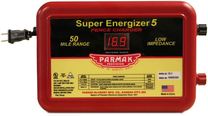 Parmak Super Energizer 5 Model SE-5 110-120 volt – AC Operated – 50 miles  A powerful model designed for today`s large pastures. Ideal for single or multi-wired high tensile fences. The Super Energizer 5 does everything a fence controller should do – it just does it better!!! Super Energizer 5 is equipped with a built-in DIGITAL performance meter which tells you the exact condition of fence
