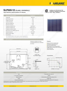 SOLARLAND-SLP020-12 Multicrystalline 20 Watt 12 Volt Solar Panel Class 1 Division 2