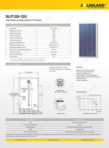 Solarland -SLP120-12U Multicrystalline 120 Watt 12 Volt Solar Panel