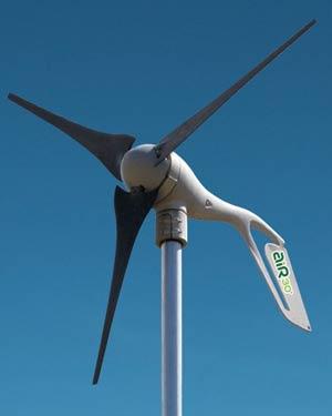 Primus Wind Power AIR 30 model 1-AR30-10-48 wind generator is for land use only and designed to work best in high wind environments. The body is constructed of permanent mold cast aluminum and the three blades are made of carbon-molded composite