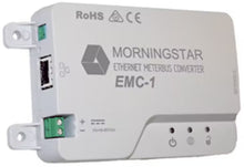 Cargar imagen en el visor de la galería, The Morningstar Corporation EMC-1 Ethernet MeterBus Converter allows the remote control and monitoring of a MODBUS capable Morningstar product. This can be accomplished over a local TCP/IP network or using the internet for remote applications. It&#39;s compatible with the following Morningstar products: TriStar MPPT, ProStar MPPT, SunSaver MPPT, TriStar PWM, SunSaver Duo, and the SureSine Inverter
