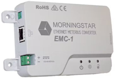 The Morningstar Corporation EMC-1 Ethernet MeterBus Converter allows the remote control and monitoring of a MODBUS capable Morningstar product. This can be accomplished over a local TCP/IP network or using the internet for remote applications. It's compatible with the following Morningstar products: TriStar MPPT, ProStar MPPT, SunSaver MPPT, TriStar PWM, SunSaver Duo, and the SureSine Inverter