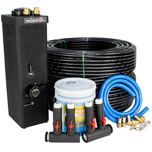 The 1.5 to 2 Ton Horizontal Ground Loop Geothermal Installation Kit contains virtually everything you need to get a 1.5 or 2 ton geothermal heat pump installed in your home. This Ingram's-only geothermal installation kit includes high density polyethylene piping, circuit insulated headers, propylene glycol, hose kit with male pipe thread to barb 90 degree elbow fittings, and the Geo-Pulse Non-Pressurized Flow Center.