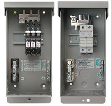 Load image into Gallery viewer, (For 150 VDC charge controllers and 600 VDC grid tie inverters) Gray aluminum type 3R rainproof enclosure with deadfront, will accept three 150VDC (MNEPV) breakers or two 600 VDC fuse holders.
