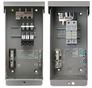 (For 150 VDC charge controllers and 600 VDC grid tie inverters) Gray aluminum type 3R rainproof enclosure with deadfront, will accept three 150VDC (MNEPV) breakers or two 600 VDC fuse holders.