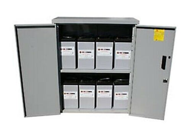 Midnite Solar MNBE-D Battery Enclosure with locking door and two shelves. MNBE-D holds 8 GVX3050T or 8 golf cart or 8 group 31 batteries. With the optional third shelf, the MNBE-D holds 12 group 31 batteries. MNBE-D battery enclosure accepts MNEDC175 or 250 breakers. Gray powder coated steel. The image shows 8 GVX3050T batteries. Ships knocked down in two boxes.