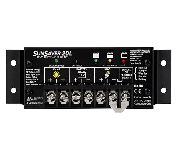 SunLight 20 Amp 12 Volt Solar Lighting Controller, the solar lighting controllers can be used in conjunction with other charging sources, however the SL controllers *DO* require at least a 1-watt solar panel on the input side to detect dark & light conditions. Morningstar's advanced SunLight solar lighting controller combines the SunSaver design with a microcontroller for automatic lighting control functions. 10 and 20 amp and 24 volt versions available. 