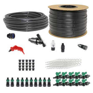 The Deluxe Drip Irrigation Kit for Small Farms can water up to 15 rows. Includes 3/4" Poly Tubing for mainline allowing higher flow rates and longer drip tape runs. This is a complete, self-contained drip irrigation kit that comes with everything you need to create a working system. The drip irrigation tubing in this kit can be cut with ordinary household scissors or tubing cutter. You can view and/or print the detailed installation instructions by clicking on the button below the parts list.