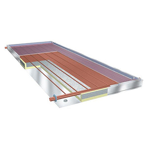 SunEarth Inc. Empire EP-32 solar collector panel for domestic hot water applications featuring all copper absorber with selective paint surface. Size is 4' X 8', 32 square feet. Black anodized extruded aluminum frame with low iron tempered glass. 10 year warranty.