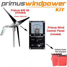 Cargar imagen en el visor de la galería, Primus AIR 40 AR40CP-KIT-12 is the premier micro-wind turbine for land-based applications. It operates efficiently across a wide-range of wind speeds, providing energy for off-grid homes or other low energy demand battery charging applications. The AIR 40 is ideal for pairing with solar to offset seasonal variation, delivering more consistent energy. 
